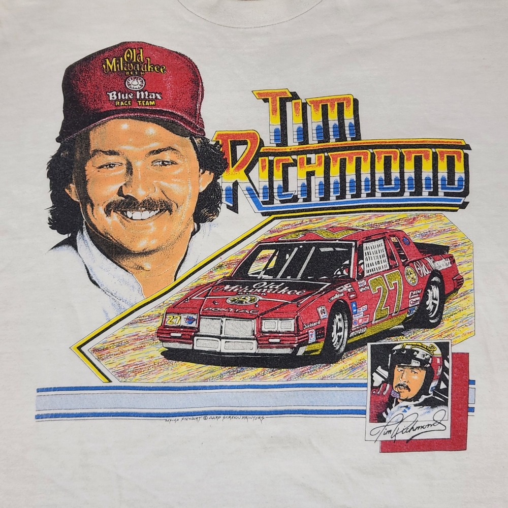 Vintage Tim Richmond Old Milwaukee Beer NASCAR Racing T-Shirt White Large 80s